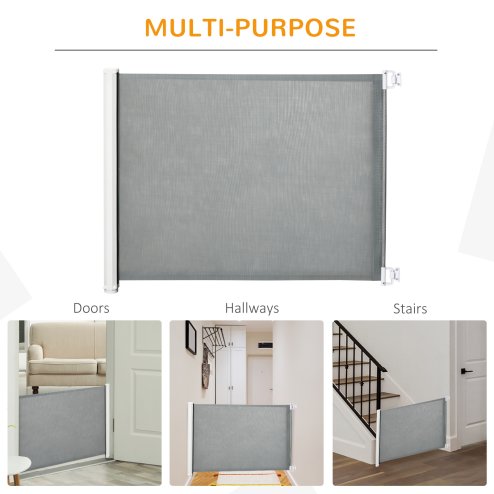 PawHut Retractable Stair Gate for Dogs, Pet Mesh Safety Gate Extends up to 115cm for Doorways Indoor- Grey
