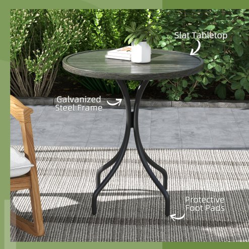 Outsunny ??66cm Garden Side Table, Round Bistro Coffee Table, Outdoor Patio Table with Steel Frame and Slat Tabletop for Balcony and Porch, Grey Wood Grain