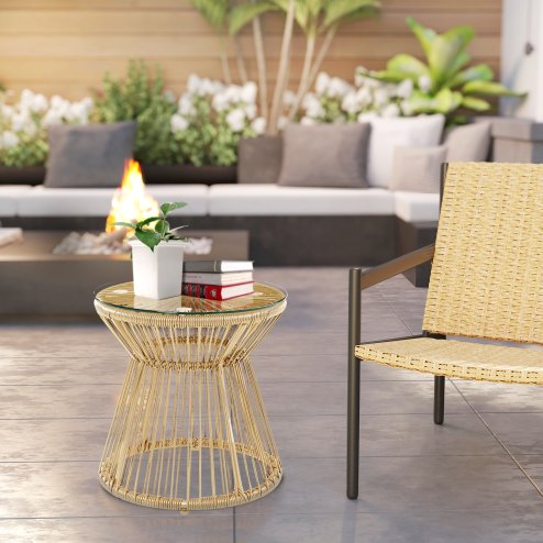 Outsunny Outdoor Coffee Table, Round PE Rattan Side Table with Tempered Glass Table Top, Hollow Drum Design for Garden, Balcony, Patio, Natural