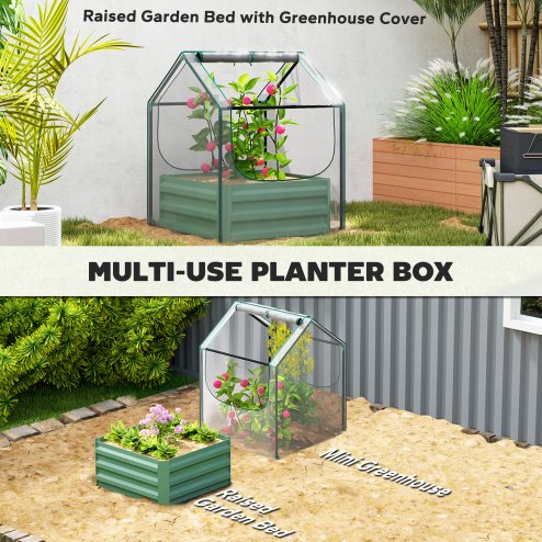 Outsunny Raised Garden Bed with Mini Greenhouse, Outdoor Metal Planter Box with Cover, for Herbs and Vegetables, Use for Patio, Garden, Balcony, Clear and Green