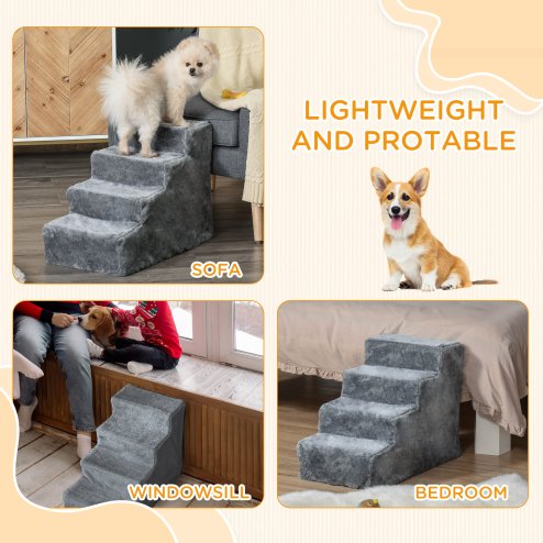 PawHut Dog Steps for Sofa, 4 Steps Dog Stairs, Pet Stairs, with Washable Plush Cover, for Small Breeds, Cats - Light Grey