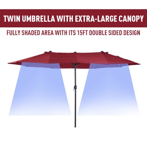 Outsunny 4.6m Large Garden Parasol Double-Sided Sun Umbrella Patio Market Canopy Shade Outdoor Wine Red - NO BASE