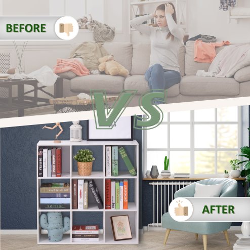 HOMCOM 3 Tier Bookshelf, Modern Cube Bookcase with 9 Open Storage Compartments, Freestanding Display Storage Unit for Living Room, Bedroom, Study, White