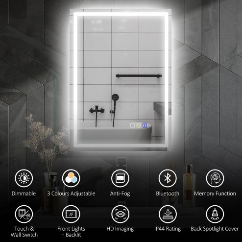 HOMCOM Bluetooth Bathroom Mirror with LED Lights, Illuminated Backlit Wall Mounted Vanity Mirror with 3 Colours Dimmable, Demister Pad, Memory Function, Touch Sensor, IP44
