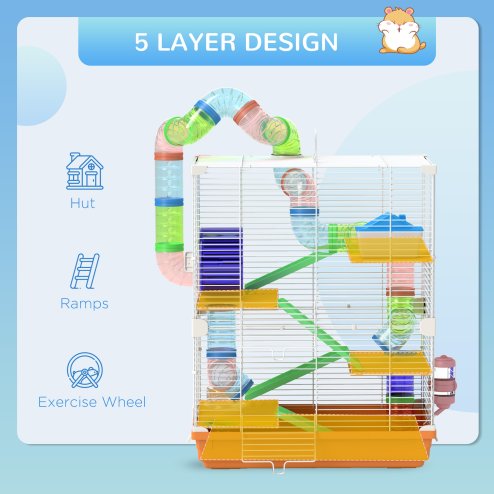 Pawhut 5 Tier Hamster Cage, Gerbil Cage with Tube Exercise Wheels, Tunnel, Water Bottle, Dishes, 58H x 46L x 30Wcm, Orange