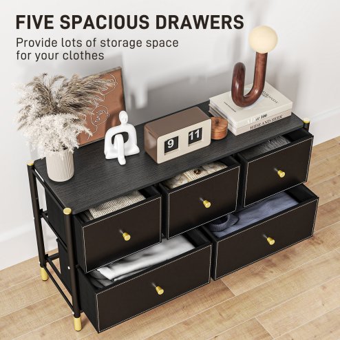 HOMCOM Chest of Drawers, 5 Drawer Fabric Dresser with PU Leather Surface, Steel Frame, Storage Organizer Unit for Bedroom, Living Room, Hallway, Closet, Easy to Assemble, Black