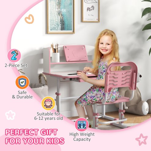 ZONEKIZ Kids Desk and Chair Set, Height Adjustable Children School Study Table with Drawer, Bookshelf, Adjustable Angle Tabletop, Non-slip Mat, for Ages 6-12 Years - Pink