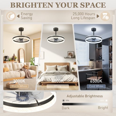 HOMCOM Ceiling Fan with Light and Remote, 50 cm LED Mount Ceiling Fan Light with 3 Colour, 6 Speed, Timer, Adjustable Brightness, Quiet Reversible DC Motor, for Bedroom, Living Room, Black