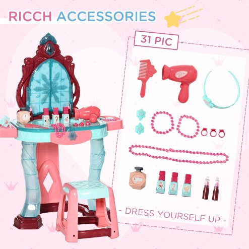 AIYAPLAY 31 Pieces Kids Dressing Table Set with Magical Princess Mirror, Music Lights, Makeup Accessories, Hair Dryer, Chair, Drawer for Ages 3-6 Years