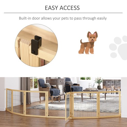 PawHut Freestanding Pet Gate, 6 Panel Foldable Playpen, Wooden Dog Gate with 2 Support Feet, for Stairs, Doorway - Natural Tone