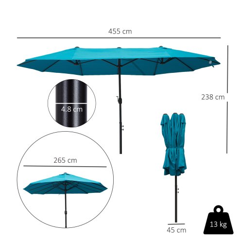 Outsunny 4.6m Garden Parasol Double-Sided Sun Umbrella Patio Market Canopy Shade Outdoor Blue - NO BASE