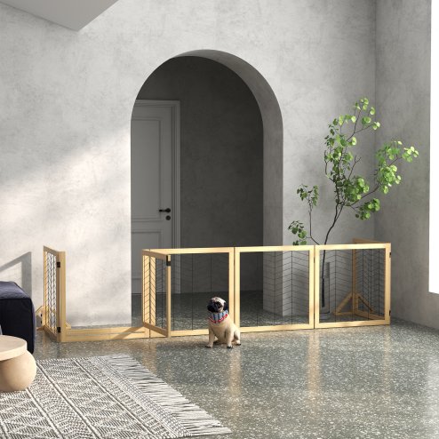 PawHut Freestanding Pet Gate, 8 Panels Dog Playpen, Foldable Dog Barrier with 2 Pcs Support Feet, for House, Doorway, Stairs, Small and Medium Dogs - Natural Wood