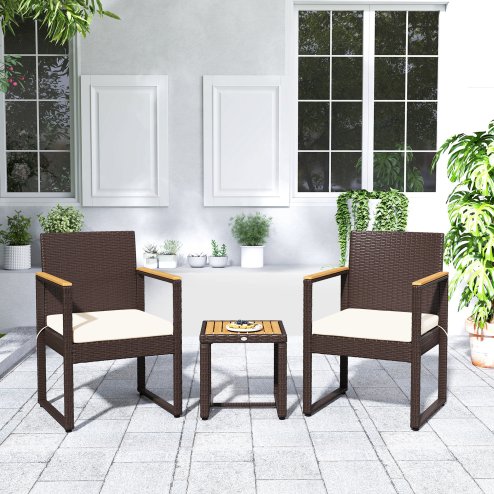 Outsunny 3-Piece Rattan Bistro Set, Patio Table and Chairs Set with Removable Cushions, Rattan Conversation Set with Acacia Wood Table & Adjustable Foot Pads for Garden Balcony, White