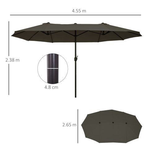 Outsunny 4.6m Large Garden Parasol Double-Sided Sun Umbrella Patio Market Canopy Shade Outdoor Grey - NO BASE