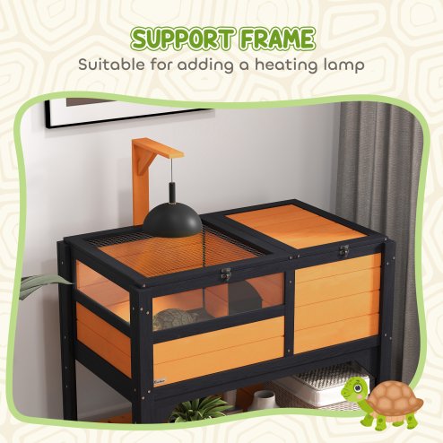PawHut Tortoise House w/ Shelf, Small Pet Reptile Wooden House w/ Hide Shelter Den and Run, Lamp Holder, Tray, for Indoors, Outdoors - Yellow