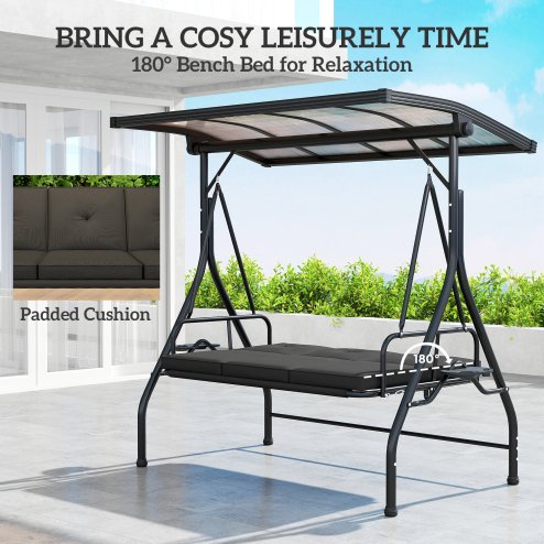 Outsunny 3 Seater Garden Swing Seat Bed with UPF30+ Adjustable Canopy, Convertible Swing Chair with Cushion, Outdoor Hammock Bench with Cup Trays for Balcony Patio, Black