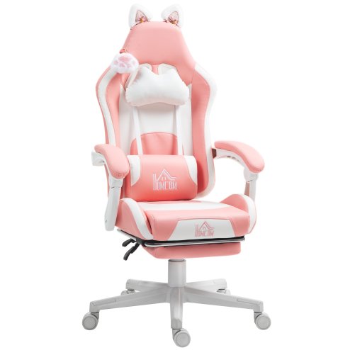 HOMCOM Gaming Chair for Adults with Cat Ears, Faux Leather Reclining Computer Chair with Footrest, Lumbar Support and Headrest, Height Adjustable Swivel Seat, Pink