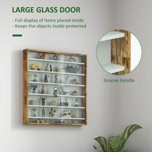 HOMCOM 7-Tier Wall Mounted Display Cabinet, Display Case with 6 Adjustable Shelves, Glass Doors for Home Office Ornaments 83x80cm, Rustic Brown