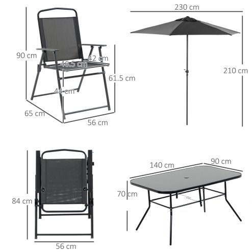 Outsunny 8 Pieces Metal Garden Furniture Set with Parasol and Folding Chairs, Garden Dining Set, 6 Seater Outdoor Table and Chairs with Tempered Glass Top, Black