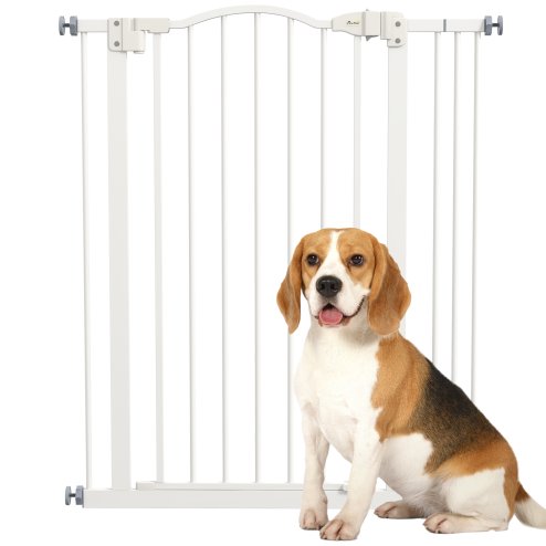 PawHut Pressure Fit Dog Stair Gate No Drilling Safety Gate Auto Close for Doorways, Hallways, 74-87cm Adjustable, 94cm Tall, White