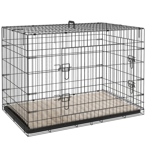 PawHut Dog Crate, Folding Metal Dog Cage with Two Doors, Tray, Soft Cushion, for Extra Large Dogs, 105 x 70 x 75 cm, Black