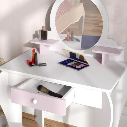 ZONEKIZ Kids Dressing Table with Mirror and Stool , Kids Vanity Table Girls Dressing Table with Drawer, Storage Shelf, Rabbit Design, for Ages 3-6 Years - White and Pink