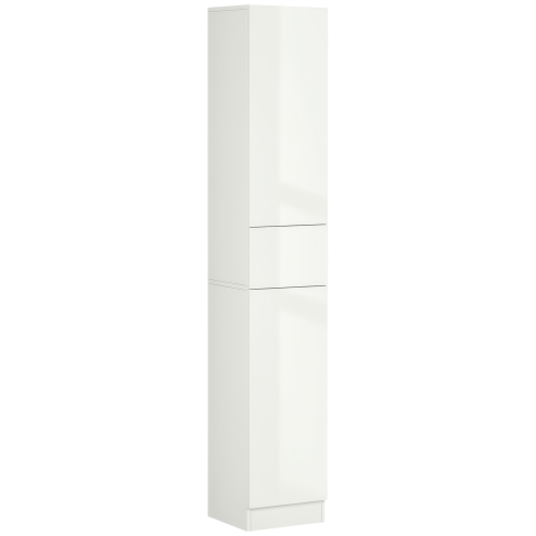 kleankin Tall Bathroom Cabinet with Adjustable Shelves, High Gloss Storage Cupboard, Freestanding Tallboy with Storage Drawer, White