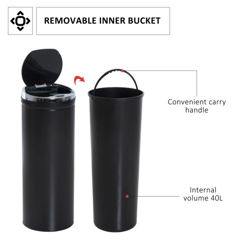 HOMCOM 50L Sensor Bin for Kitchen Waste Automatic Dustbin Motion Detection Dustbin Stainless Steel Rubbish Can with Bucket, Black