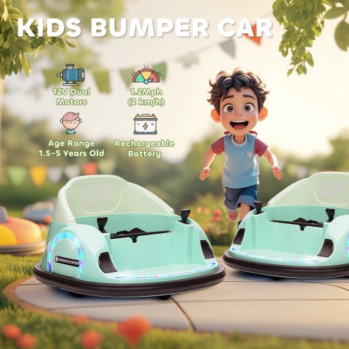 AIYAPLAY Kids Bumper Car, 360 Rotation 12V Waltz Car, Battery Powered Ride-On Toy with Remote Control, Dual Joystick, Music, USB, LED Lights, Horn, for Ages 1.5-5 Years, Green