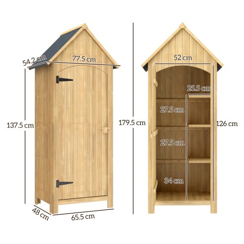 Outsunny Small Shed, Wooden Garden Storage Shed with 3 Shelves, Outdoor Tool Storage Cabinet with Tilt Roof and Lockable Door, 77.5 x 54.2 x 179.5 cm, Natural