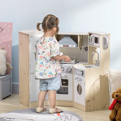 HOMCOM Kids Kitchen Playset Pretend Toy Kitchen w/ Role Play Accessories, Sound and Light Effects, Phone, Storage Space