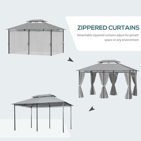 Outsunny 4m x 3(m)Garden Gazebo, Double Roof Outdoor Gazebo Canopy Shelter with Curtains, Solid Steel Frame for Lawn and Deck, Dark Grey