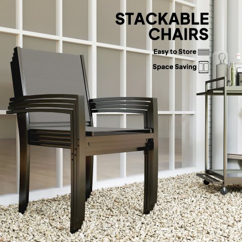 Outsunny 5 Piece Garden Furniture Set, Garden Dining Set with Round Table and 4 Stackable Chairs, Steel Frame, for Outdoor, Patio, Terraces, Dark Grey