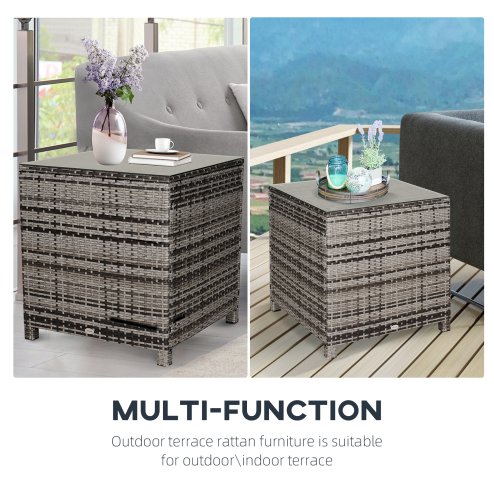 Outsunny Patio PE Rattan Side Table, Square Outdoor Coffee Table w/ Tempered Glass Top, Mixed Grey