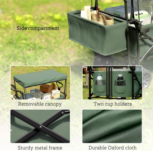 Outsunny 120L Festival Trolley on Wheels, Folding Camping Trolley Cart with Removable Canopy, All-Terrain Wheels, Adjustable Handle and Side Pockets for Garden Beach Fishing Shopping, Green
