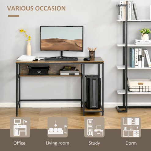 HOMCOM Computer Desk with Storage, 120 x 60cm Home Office Desk with 2 Shelves and Steel Frame, Writing Table for Living Room, Study