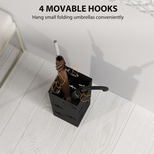 HOMCOM Metal Umbrella Stand, Square Umbrella Holder with Removable Drip Tray and 4 Hooks, Decorative Umbrella Storage Rack for Hallway, Entryway, 15.5 x 15.5 x 41 cm, Black