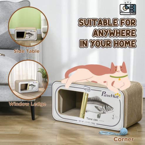 PawHut Cat Scratching Board, 2 in 1 Cat Scratcher Cardboard with Catnip, Canned Tuna Design Cat House for Indoor Kitty, Cream White