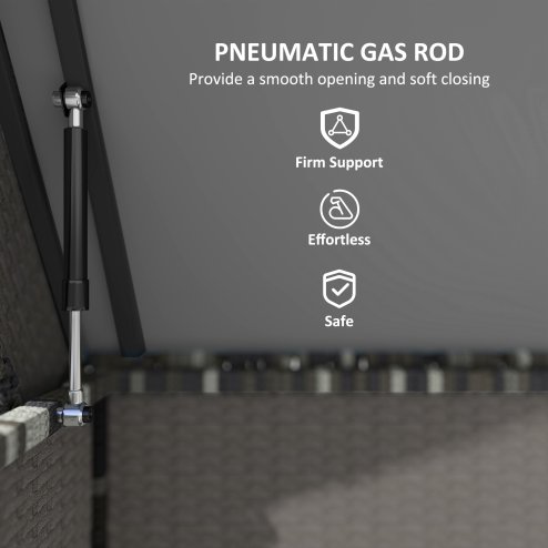 Outsunny 627 L Rattan Garden Storage Box, Outdoor Garden Cushion Storage Box with Gas Lift Lid and Wheels, Outdoor Rattan Chest Container for Cushions, Pillows and Tools, Dark Grey