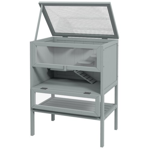 PawHut Wooden Hamster Cage with Storage Shelf, Small Animal Exercise Play House with Openable Top, for Hamsters, Gerbils, 60 x 40 x 80 cm - Grey