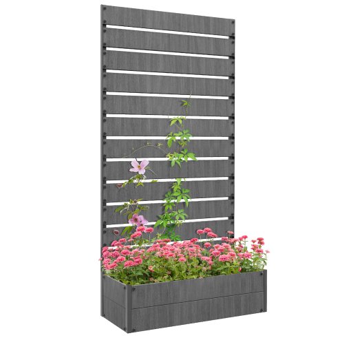 Outsunny Garden Planter with Trellis for Climbing Plants, Vines, Flowers, Freestanding Raised Bed for Garden, Outdoor, Patio, Planter Box with Drainage Gap, Dark Grey