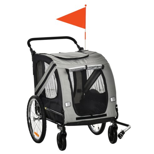PawHut Dog Bike Trailer, 2 in 1Foldable Pet Stroller with Hitch Coupler, Reflectors, Quick Release Wheels, Flag, for Medium Dogs, Grey