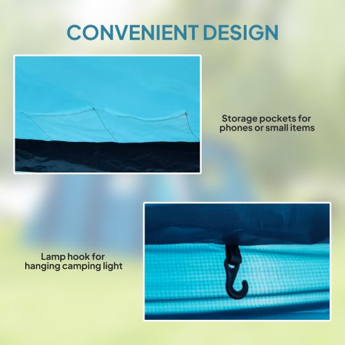 Outsunny Inflatable 3-4 Man Tunnel Tent w/ Air Pump, Living Area & Vestibule, Waterproof Family Camping Air Tent w/ Sewn In Groundsheet & Removable Footprint for Camping, Hiking, Blue