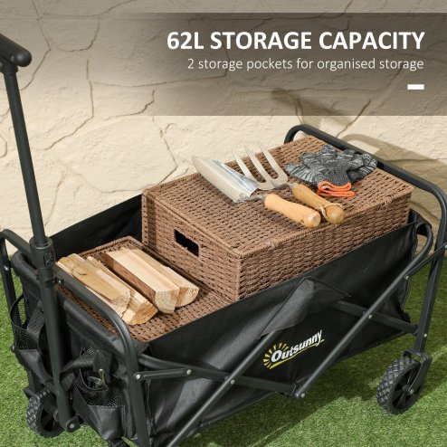 Outsunny 62L Festival Trolley on Wheels, Garden Folding Trolley Cart, 120kg Heavy Duty Collapsible Folding Wagon with Adjustable Handle and Carrying Bag for Beach, Camping, Festival, Black