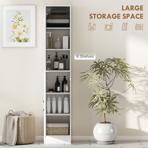 kleankin Tall Mirrored Bathroom Cabinet, Bathroom Storage Cupboard, Floor Standing Tallboy Unit with Adjustable Shelf, High Gloss White