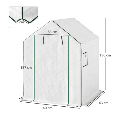 Outsunny Walk-in Greenhouse with 3 Tier 8 Shelves, Small Greenhouse with Reinforced PE Cover, Garden Plant Growhouse with Roll-up Door and Three Mesh Windows, 140 x 143 x 190 cm, White