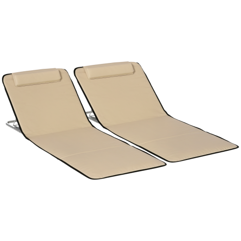 Outsunny Set of 2 Foldable Garden Beach Chair Mat Lightweight Outdoor Sun Lounger Seats Adjustable Back Metal Frame PE Fabric Head Pillow w/ Carry Bag, Beige