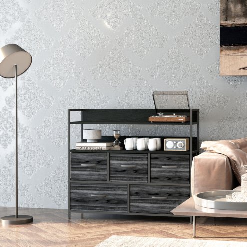 HOMCOM Bedroom Chest of Drawers, Fabric Dresser with 5 Drawers, Storage Organiser Unit with Open Shelves and Metal Frame for Living Room, Entryway