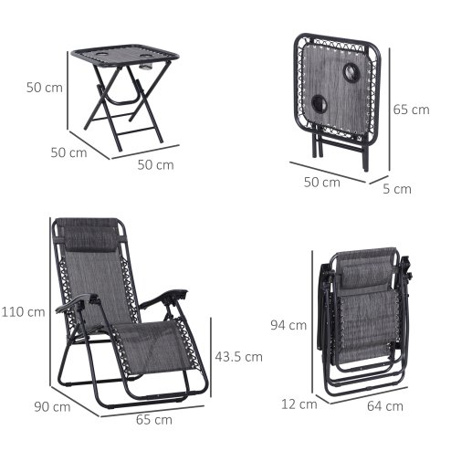 Outsunny Folding Zero Gravity Chairs, 3 Pieces Adjustable Sun Lounger and Table Set with Cup Holder and Headrest, Patio Bistro Set with Reclining Garden Chairs for Outdoor, Light Grey