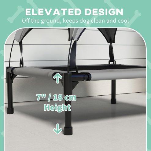 PawHut Cooling Raised Dog Bed, Elevated Pet Bed with Breathable Mesh, UV Protection Canopy, Foot Pads, for Indoor Outdoor, Small, Medium Dogs, 76 x 61 x 69.5cm - Light Grey